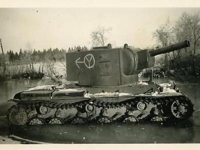 KV-2 heavy tank captured by the Germans – side of the turret is used as road sign