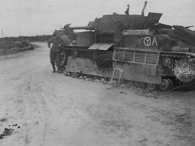 T-28. German troops of the 12. Panzer-Division have painted their insignia on the tank as a road sign for the location of their encampment.