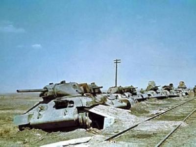 Knocked-out T-34 medium tanks in color