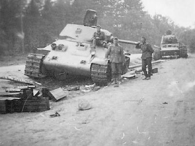 abandoned T-34 and KV-1 tanks
