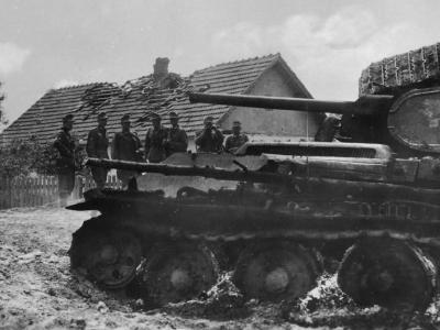burned out soviet tank T-34 with welded turret