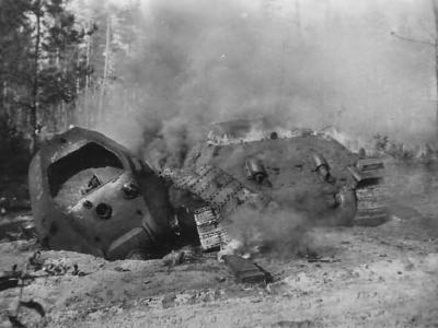 burning soviet tank T-34