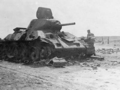 Early T-34 76 knocked out on the roadside during the fighting in Ukraine in 1941