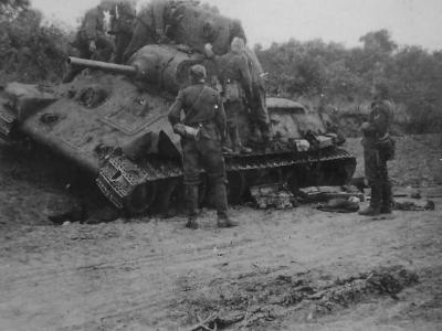 knocked out soviet tank T-34 model 1940 armed with the 76 mm gun L-11