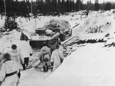 Finnish Troops tow away a captured T-37A