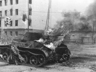 Burning T-60 tank